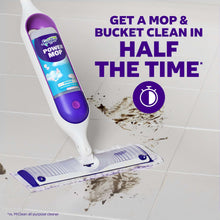 Swiffer Power Mop with purple bottle and flat pad cleaning on tile floor