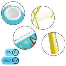Kids desk cup holder and under-desk art rack with yellow frame detail