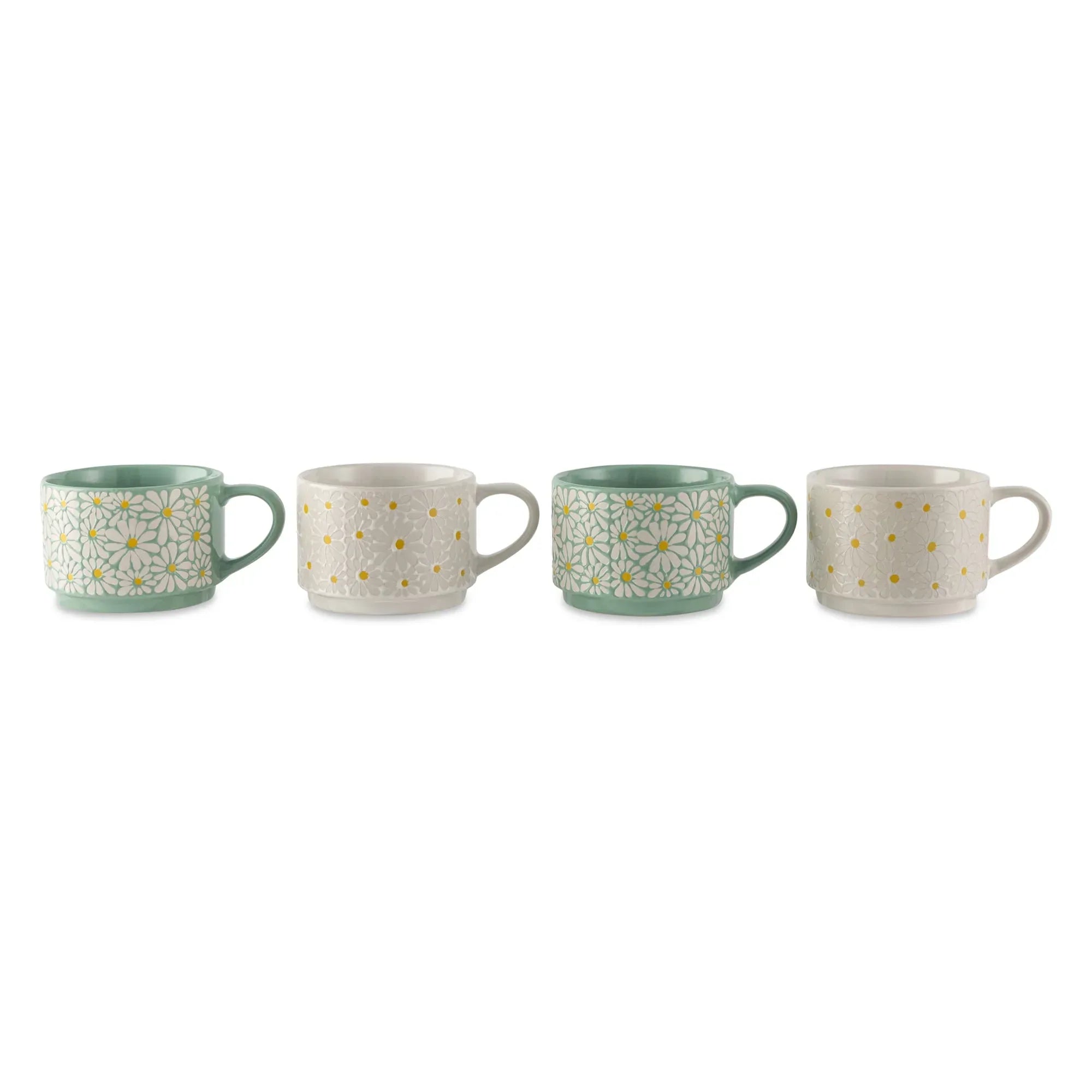 Thyme & Table 11.1 fl oz White and Green Floral Stoneware Stacking Mugs with Wire Rack, Set of 4
