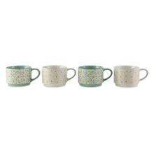 Set of 4 white and mint green floral ceramic mugs with curved handles, no rack