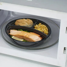 Round 3-compartment meal prep container with clear lid holding salmon and side dishes