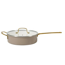 Taupe nonstick stockpot with glass lid and gold side handles