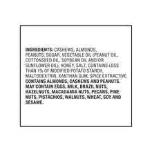 Ingredients list card for hot honey nut trio with nut, oil, honey and salt