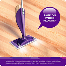 WetJet mop pad gliding on wood floor, safe on wood floors indicator