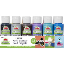 Acrylic craft paint set with 12 satin bottles in bold bright colors, including black