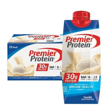 Vanilla protein shake cartons with 30g protein, blue and red packaging, 15-pack style