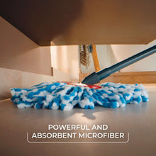 Blue-and-white microfiber mop head gliding on floor, absorbent loops
