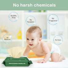 Bamboo flushable wet wipes shown with baby and no harsh chemicals icons.