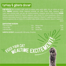 Wet cat food ingredients and guaranteed analysis panel for turkey & giblets dinner