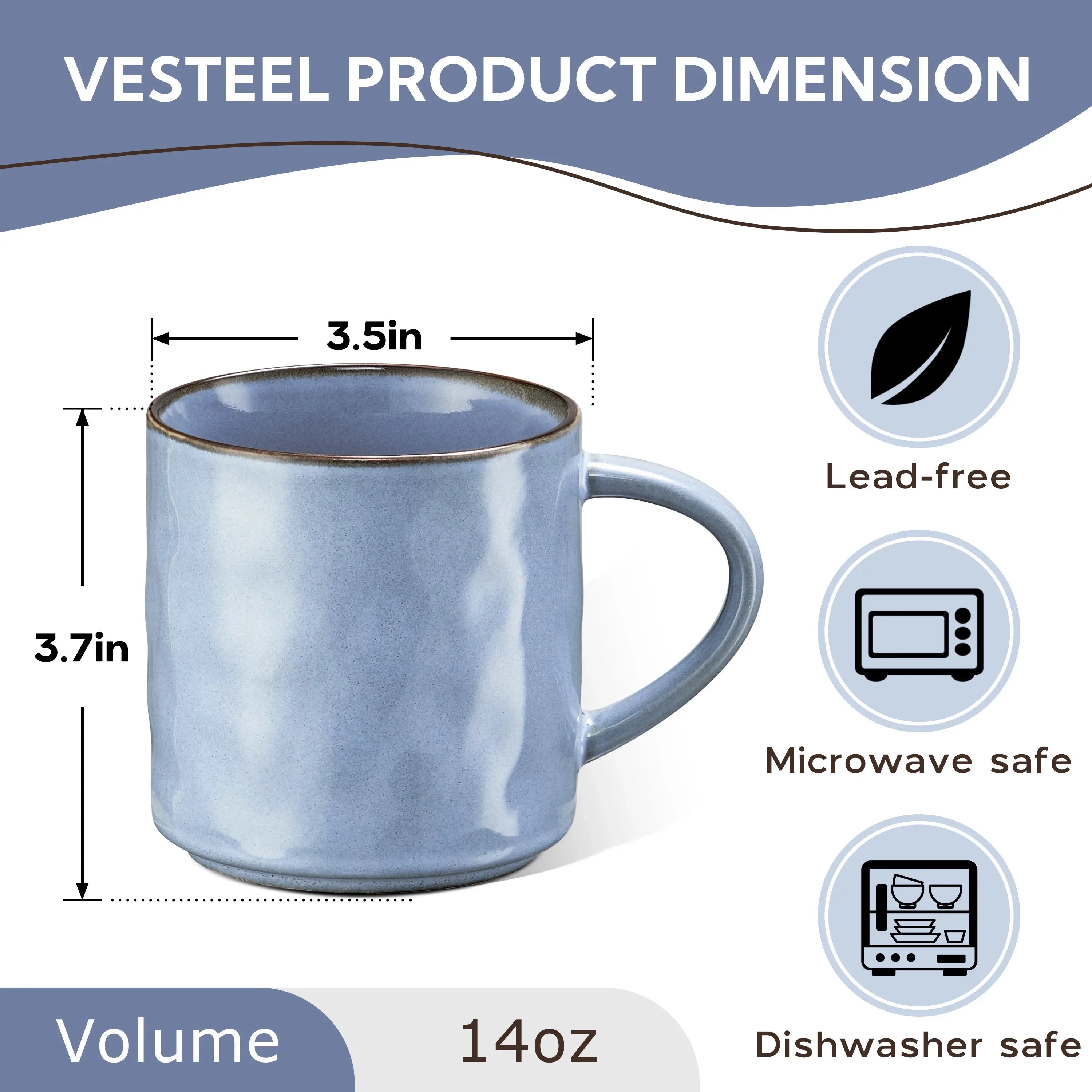 Vesteel Coffee Mug Set of 4, Ceramic Coffee Cups with Handles, 14oz Stoneware Mugs Set for Coffee Tea Milk, Wave Design Mug Gifts for Home Office Restaurant