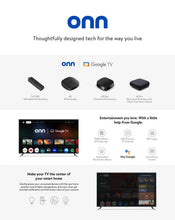 onn Google TV streaming devices and remote with TV screen previews on product page