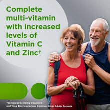 Centrum Silver Adults 50+ multivitamin promotion with older couple smiling, vitamin C and zinc