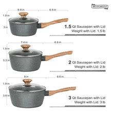 Three gray speckled saucepans with glass lids and wood-grain handles, size layout