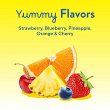 Mixed fruit gummy flavors illustration with orange slice, pineapple, strawberry, blueberry