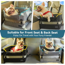 PETSFIT pet booster car seat black with yellow trim, shown in front and back seat setup