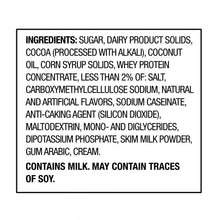 Ingredients panel for milk chocolate hot cocoa mix; contains milk, may contain soy