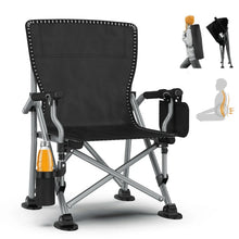 Black folding camping chair with cup holder and side pocket, unfolded view