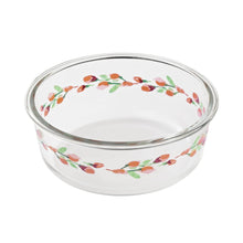 Round glass food storage bowl with floral painted meadow pattern and clear rim