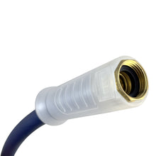 Medium-duty garden hose end with brass connector on a gray handle and dark blue hose.
