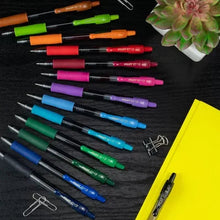 Retractable gel pens with fine tips in assorted colors, arranged for display