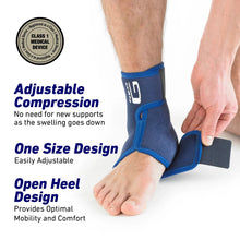 Blue ankle support brace on foot with open heel cutout and adjustable band