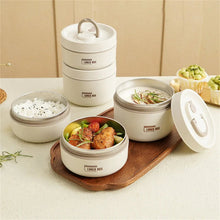 White insulated lunch set with multiple containers, some lids open, “LUNCH BOX” labels