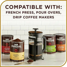 Ground coffee cans with compatibility text for French press, pour over, and drip makers.