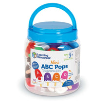 Mini ABC Pops plastic jar with blue lid containing colorful alphabet letter pop toys