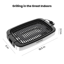 Electric indoor grill with ridged cooking surface and lid, 18.5 in wide