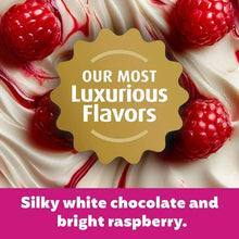 Luxurious flavor label on white chocolate and bright raspberry shake packaging