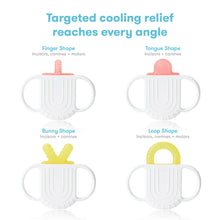 Teether handles with four cooling insert shapes: finger, tongue, bunny, and loop