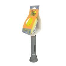 Dish wand with yellow sponge head and gray stand base, in retail package