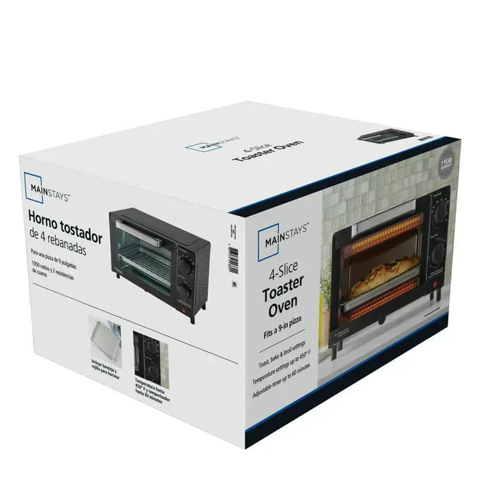 Mainstays 4-Slice Countertop Toaster Oven with 3 Settings, Includes Baking Rack and Pan, Black, New