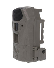Gray trail camera body with side openings and textured rugged housing