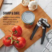 Portable can opener with black handle and stainless steel cutting wheel for cans