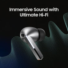 Silver earbuds above dotted sound graphic, single earbud facing up