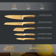 Thyme & Table 6-Piece Slim Acacia Knife Block Set with Gold Blades and White Accent Block
