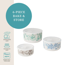 Six-piece nesting bake and store set with floral bowls and clear lids
