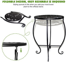 Black foldable metal plant stand parts: round top plate and curved support legs