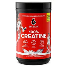Creatine powder container with black lid and red unflavored 100% creatine label