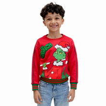 Kids red crewneck sweatshirt with large green Grinch and Santa hat front print