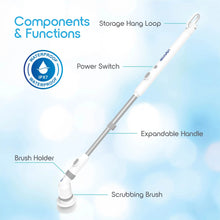 Cordless spin scrubber handle with power switch, expandable shaft, and brush holder