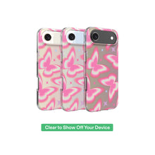 Set of clear phone cases with pink butterfly and star pattern; camera cutouts