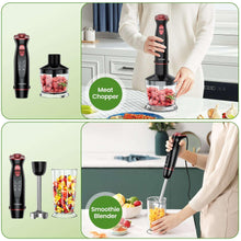 Black handheld stick blender with chopper and base cup attachments