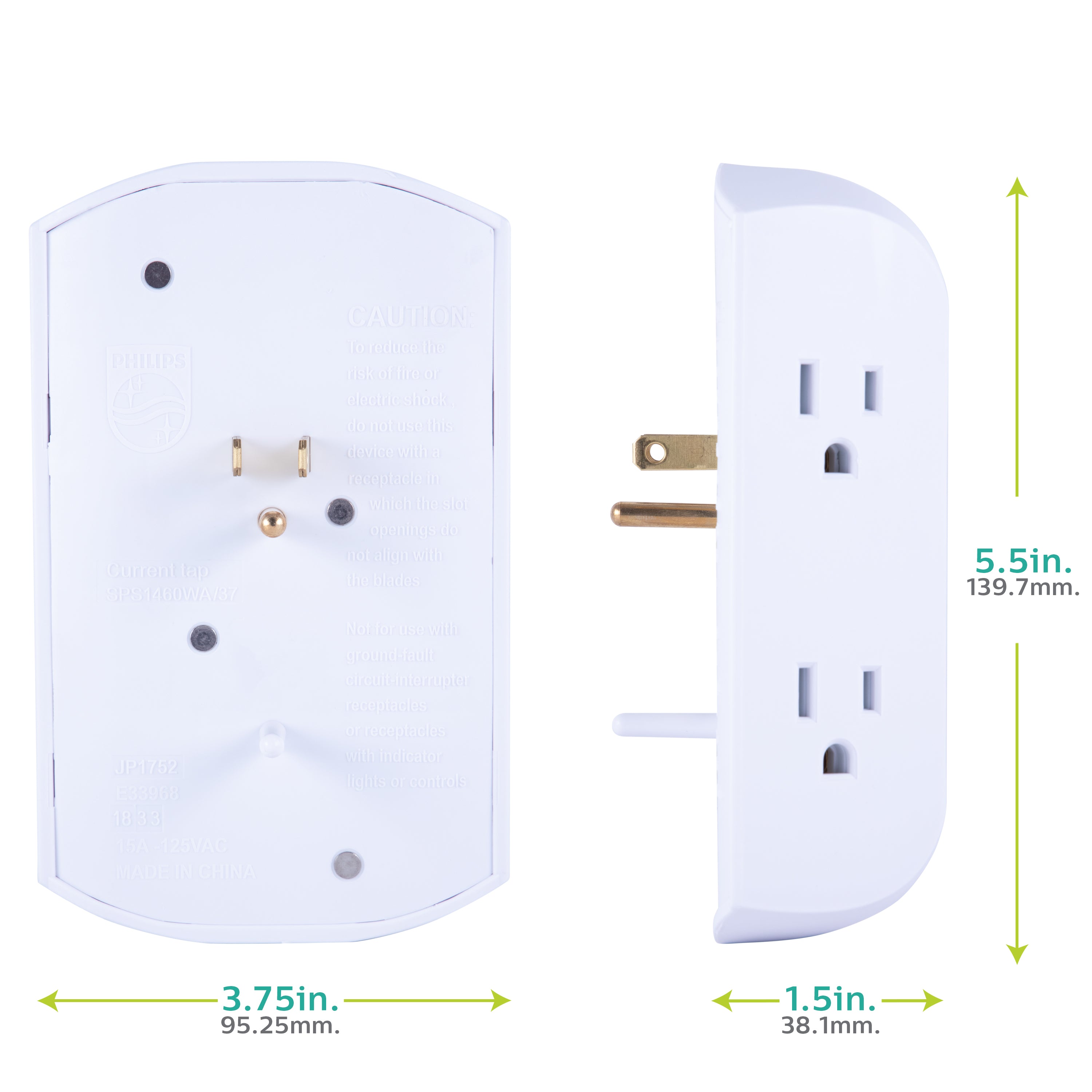 Philips 6 Outlet Grounded Wall Tap, Resettable Circuit Breaker, White, SPS1460WA/37