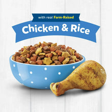 Dry dog food kibble in blue bowl with chicken and rice label