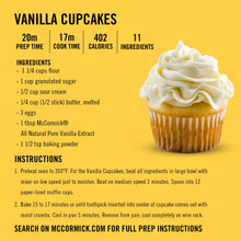 Vanilla cupcakes recipe panel with a frosted cupcake illustration