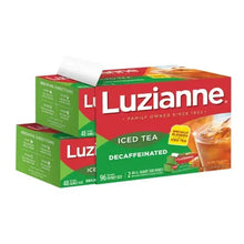 Decaffeinated iced tea box, 96-family size, green and red packaging.