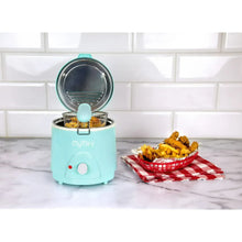 Aqua countertop deep fryer with open lid and mesh frying basket