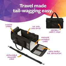 Black pet carrier with locking zippers, mesh panels, and adjustable shoulder strap